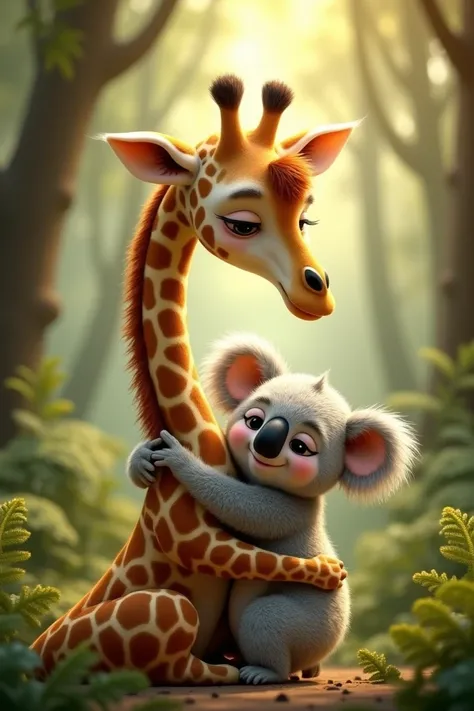 Giraffe and koala giving each other a hug 