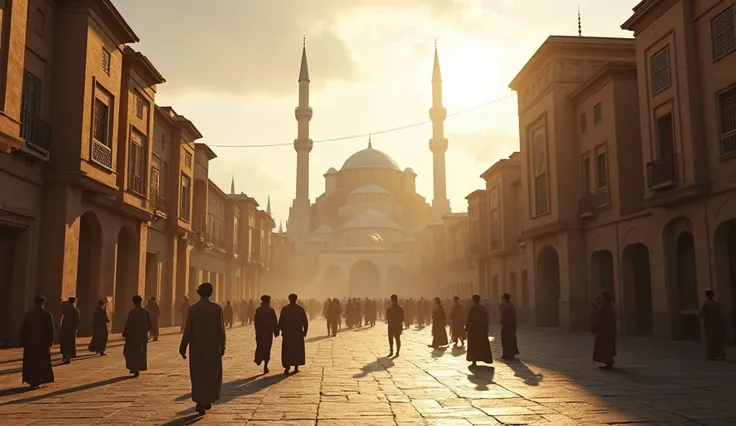 " An ultra realistic and cinematographic image of the city of Cairo during the independence of Turkey, with few people circling .  The scene shows historic streets and old buildings ,  reflecting the characteristic architecture of Cairo ,  with minarets an...