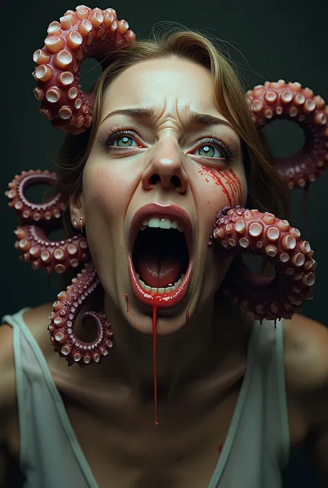 An angry octopus in a woman face who is trying to pull it off but she can’t 