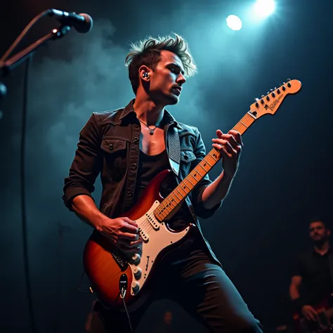 An attractive man playing the electric guitar 