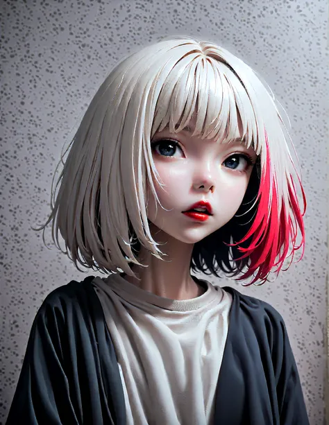 one girl, An ennui look、Upper body angle、 concrete background、bob cut、 short hair, colorful hair, compensate, parted lips, red lips, eyelinelm grain,a black and white photo:1.3、RAW photo)))、highest quality、ultra high resolution、masterpiece、background blur,