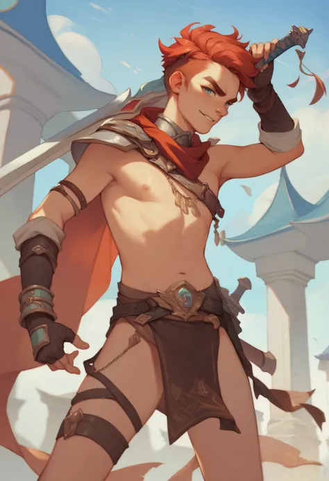 A red-haired young man . Hes strong for his age . He has thick eyebrows . Hes standing up , with a sword in his hands . he is unclothed , wearing only a piece of cloth around his waist.