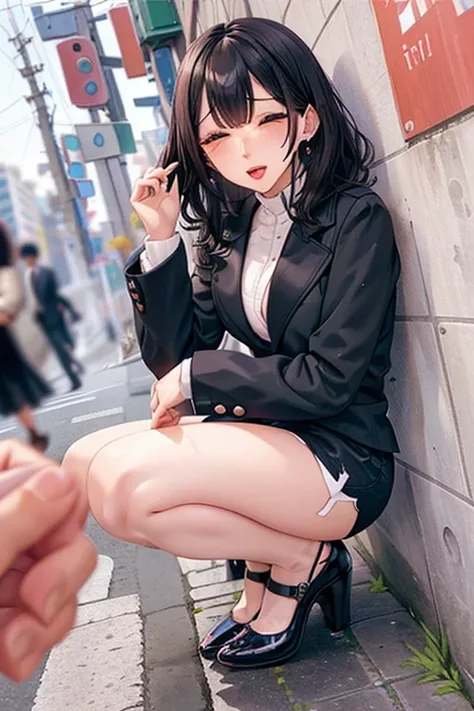 /quality
(masterpiece,best quality,high resolution,High Quality,Realistic)

/hair style
(Curly Hair)

/Clothes
(pencil skirt,job interview suit,Black jacket,torn pantyhose:1.5,earring)

/Pose
Bend over,sit
lean against a wall,
legs spread:1.5

(Ahegao,orga...