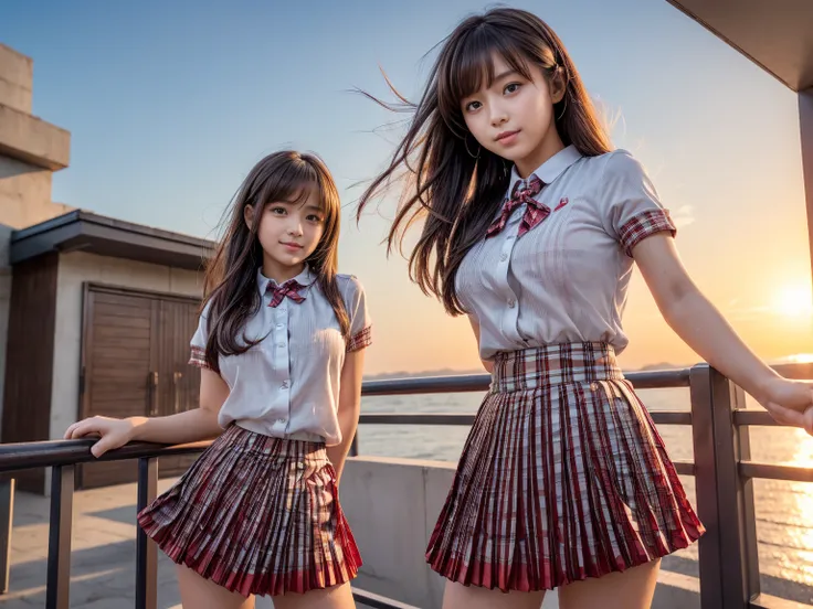      Masterpiece     ,   top quality,Four high school girls, young and cute Japanese woman ,student,  Well-balanced ,  smile  ,after school,(rooftop,    beautiful red sunset    ),(In the Wind :1.5),(Long flowing hair:1.5),( seem to flip their skirts,I dont...