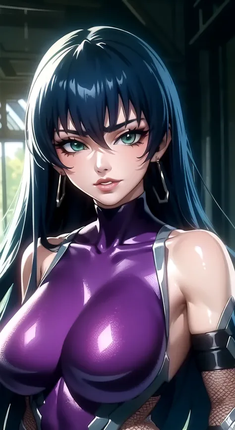 Igawa Asagi, long hair, hair between eyes, blue hair, green eyes, purple bodysuit, bare shoulders, elbow gloves, fishnets,(masterpiece, highres, best quality:1.3), 8K, highly detailed, intricate, colorful, vibrant image, sharp focus, digital blending, 4K, ...