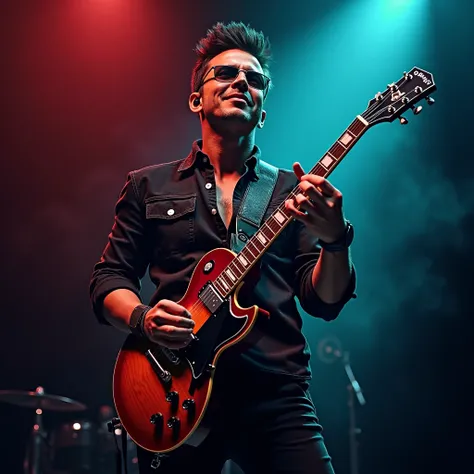 An attractive man playing the electric guitar 