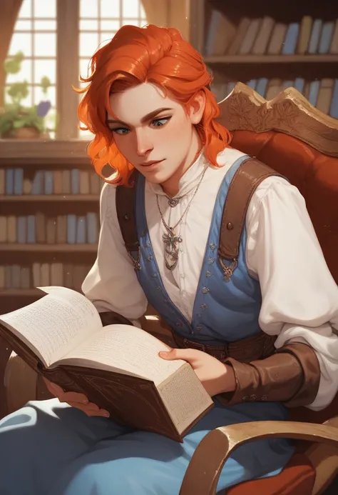  A red-haired young man . Hes sitting in a library reading a book., attentive.  medieval style , fantasy.