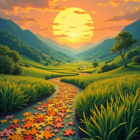 masterpiece, 8k, HDR, 3 D, best quality, photography, analog style, real life, extremely beautiful, (highly detailed, intricately detailed), an image of a rice puzzle landscape the pieces are made with painted rice grains, sun sunrise