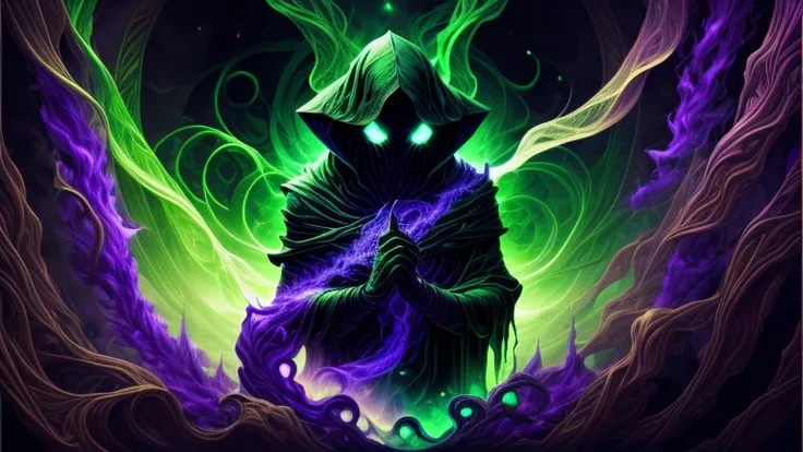 -masterpiece- -ultra HD- A dark faceless figure, with green and purple veins, holding a scroll with a dark aura, in the void.
