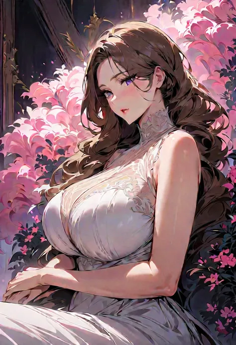 (masterpiece, best quality:1.2), 1 girl, alone, milf, hot, elegant, big breasts, long brown hair, motherly gaze, gentle 