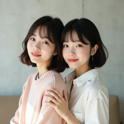 White concrete background、(8k、RAW Photos Highest quality、masterpiece:1.2)、High-quality RAW color photos, Professional photos、(Realistic、フォトRealistic:1.37)、Photographed in natural light, Different types 2 Japanese girls, On of them is taller, One of them is...