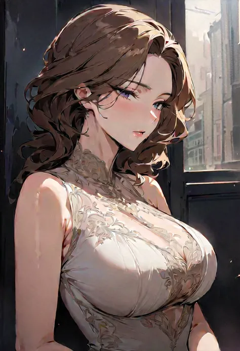 (masterpiece, best quality:1.2), 1 girl, alone, milf, hot, elegant, big breasts, long brown hair, motherly gaze, gentle 