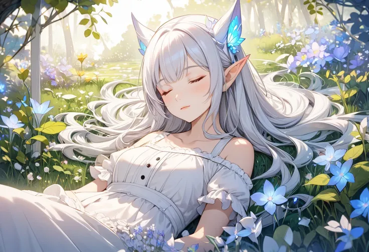 (beautiful and delicate) (Spectacular views illustration), in a maid clothes, (Twin elf sisters, age 68) (delicate straight vivid silver hair), (ultra beauty long hair), (beautiful closed eyes) (immensely beautiful and ultra cool elf:1.3 woman), (elf ear:1...