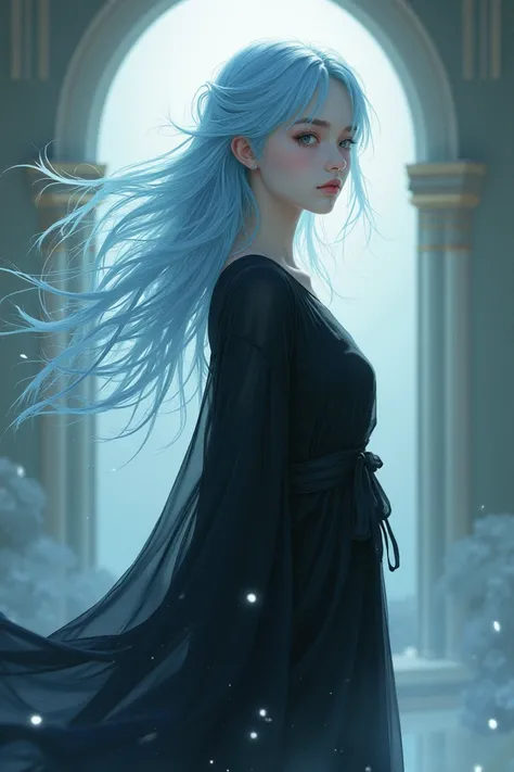 A faithful girl with light blue hair and loose in black clothes With heavenly eyes 