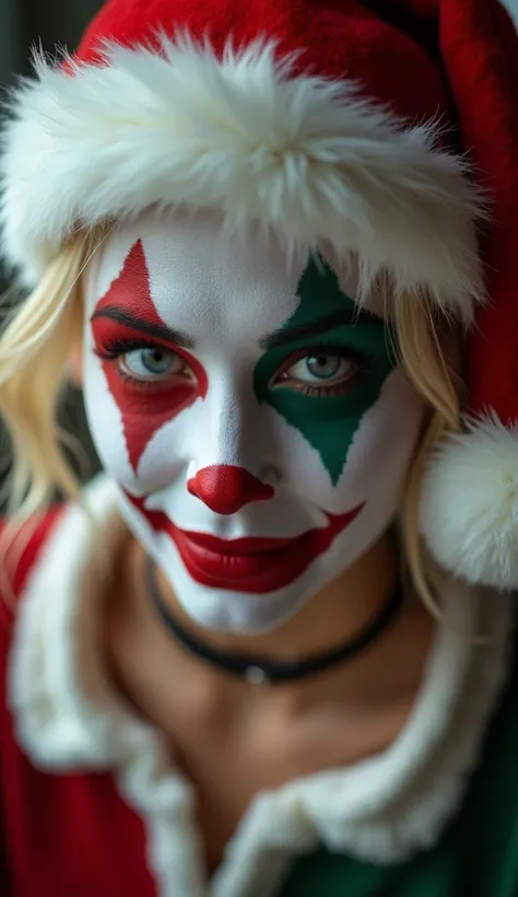  high quality ,  8k Ultra HD, Harley Quinn focuses on her face she is wearing Harley Quinns signature clown makeup, Dressed in Christmas clothes and Christmas cap looking at the camera enlarged image looking at me