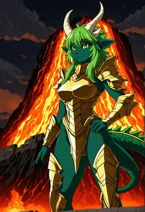 Dragon girl, furry, green hair, anthro dragon female, goldem armour, horns, vulcano fortress, eruption, dark sky.