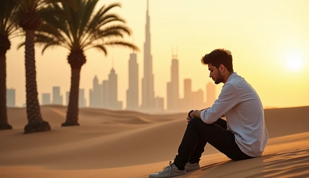 A young man sits alone on the golden sands of a desert near a cluster of tall, swaying palm trees, his posture heavy with sadness. He wears modern casual clothing, his shoulders slumped and his gaze distant, reflecting deep sorrow. The expansive desert sur...