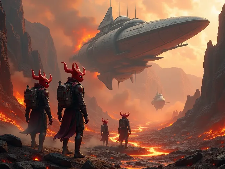  A world with lava rivers and burning mountains , with futuristic heat-resistant structures .  Red-skinned imps train alongside gigantic spaceships ready for battle.