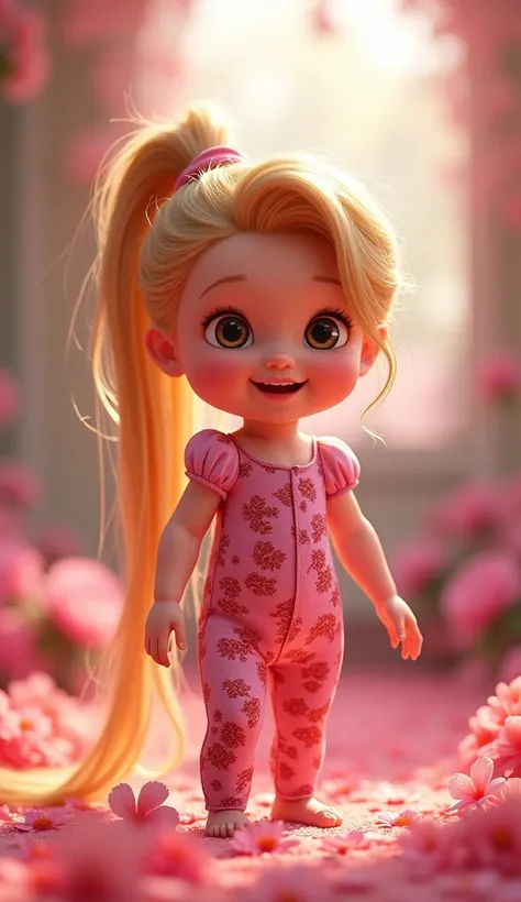 Disney Pixar-style character Rapunzel baby with a ponytail in her hair and a pink jumpsuit with red flowers printed full body