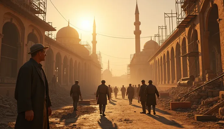  An ultra-realistic and cinematic image of public works in the city of Cairo during Turkish independence. The scene shows workers in action ,  constructing and repairing roads and buildings .  Equipment and tools of the time are scattered ,  while scaffold...