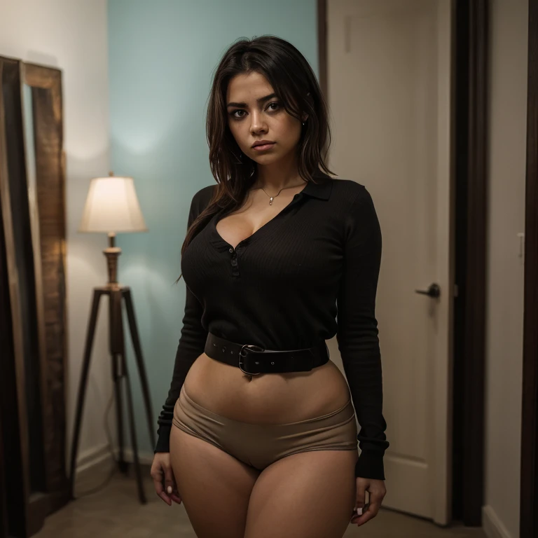 90s dark vintage Mexican film style, A cute nerdy petite short chubby skinny super fat hips emo latina girl, short beautiful volumetric emo style hair, beautiful detailed brown eyes, cutely detailed lips, extremely cute detailed eyes and face, slightly bus...