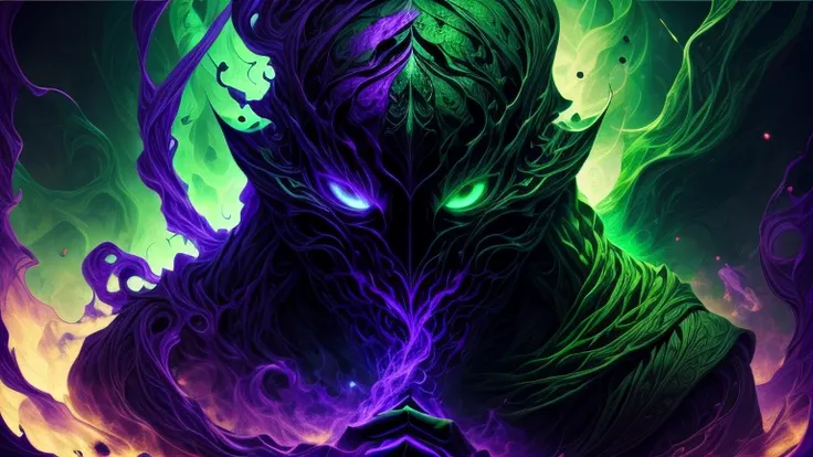 -masterpiece- -ultra HD- A dark faceless figure, with green and purple veins, holding a scroll with a dark aura, in the void.
