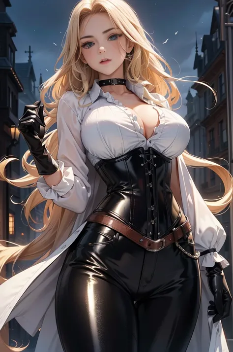  The best quality , ( masterpiece:1.3), ultra-detail, rostro detallado, (highres:1.1), 1 girl, slim,  big breasts,  seen from the front ,  Long blond hair,  curly hair ,  detailed eyes, blue eyes,  choker :1.6, (( white buttoned shirt )), (black leather co...