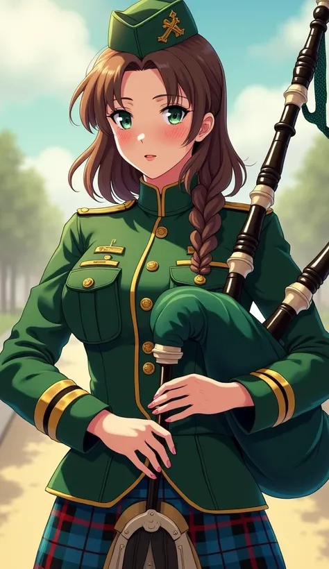 anime artwork A Busty Woman, military uniform, green uniform, full body, waist up, wearing kilt, playing bagpipes, face paint, Celtic, celts, brown hair, half fade haircut, braid, Soft natural big breasts . anime style, key visual, vibrant, studio anime, h...