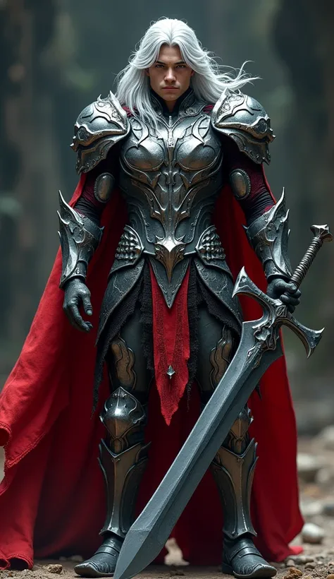 A man with gray long hair, muscled, young, sexy fractal armor, red ripped cape, holding a obsidian greatsword, full body, highest detail, masterpiece 