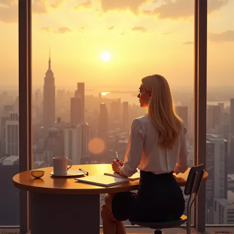  one afternoon at sunset ,  panoramic window , sunlight, woman, milf, 50 years, king,  blond hair,  long hair, white blouse, Black skirt, woman confiante, serious look,  sitting at a writing table, on a high floor ,  view of the city ,
