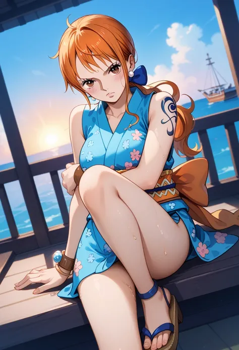 aanami, long hair, orange hair, low ponytail, hair bow, earrings, brown eyes, shoulder tattoo, breasts, collarbone, bare shoulders, japanese clothes, short kimono, blue kimono, floral print, sleeveless, bracelet, sash, obi, blushing, tsundere, seductive po...