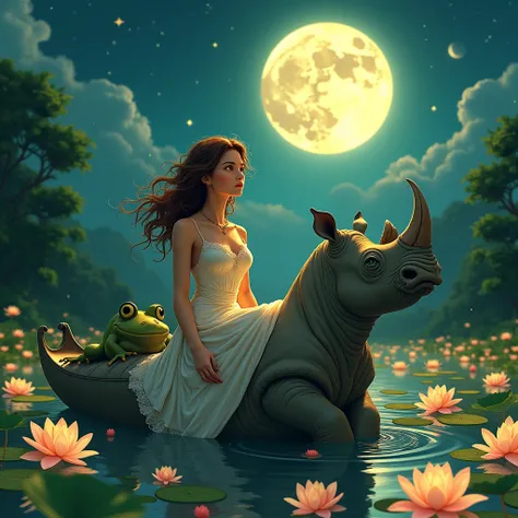  illustration of a woman riding a rhino with a frog on her back, style of tim hildebrandt, inspired by Greg Hildebrandt, cyril rolando and goro fujita, jen bartel, in style of cyril rolando, inspired masterpiece, 8k, HDR, 3D, best quality, photograph, anal...