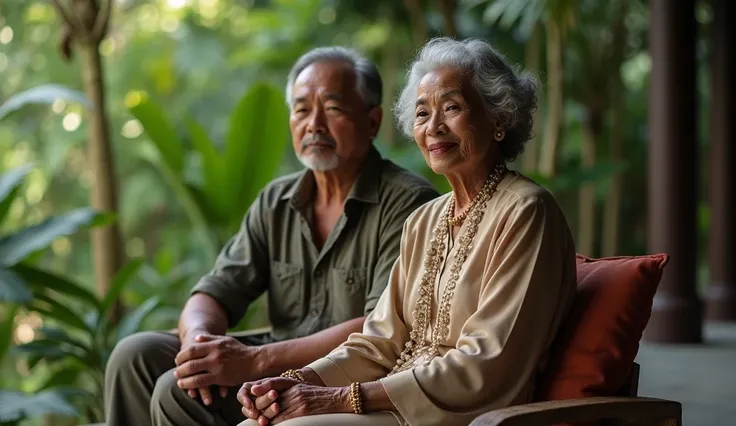  A lady of approximately 75 years old ,  with well-groomed gray hair and an air of sophistication,  sits on the terrace of her Bali mansion ,  surrounded by lush tropical gardens .  She wears an elegant silk kebaya and discreet jewelry , emanating wealth a...