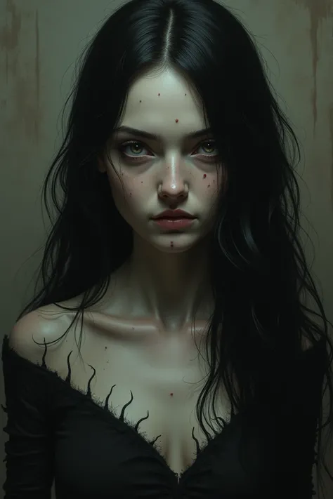 woman, long black hair , Dead appearance,pale,approximately 30 years old,Needle dots on the face , neck and arms,realistic, inspired by the works of Tim Burton.