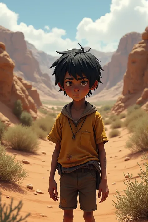 Young boy Im  with black hair the boy is thin and wears simple, worn old clothes and lives in the desert and a caatinga
