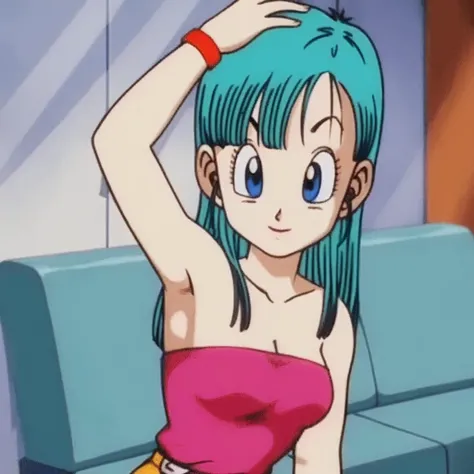 source_    animated,    score_9,    score_8_above,    score_7_above,     animated screencap, Bulma ( dragon ball), long hair, one side above, periphery_Cut, Aqua Hair, blue eyes wristwatch, Pink tube top, neckline,    bare shoulders   , strapless,    hair ...