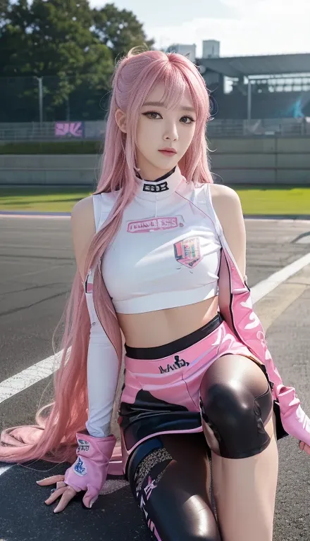 highest quality, ultra high resolution, (realistic: 1.4), (pink long hair: 1.3), (azur lane), one girl, (KPOP Idol), view audience, detailed face, contrap post, , Perfect anatomy professional lighting, futuristic fashion, street wear, high tech fabric, rac...