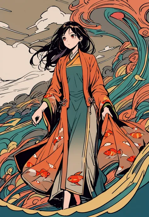 Pretty girl with neck-length hair ,  walking straight in traditional Asian dress with orange fish print 