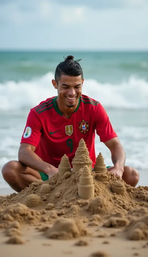 Create a photography of Cristiano Ronaldo, in his Portugal jersey, trying to build an elaborate sandcastle on the beach. He’s meticulously shaping the sand, but every time he adds a new tower, the tide rushes in and knocks it over, leaving Ronaldo frustrat...