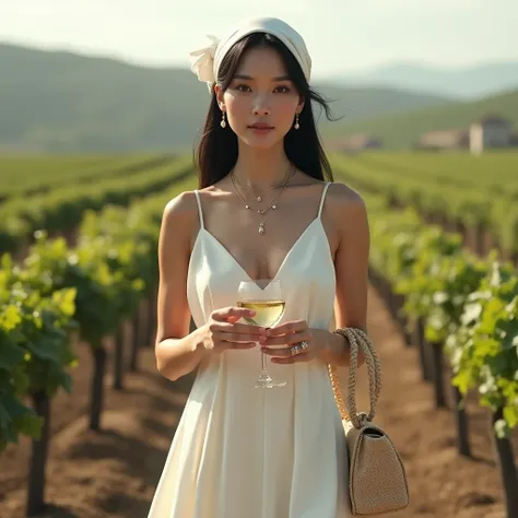  create the image of a woman walking among the vines of a vineyard in Tuscany. The woman is Liu wen ,  with long straight black hair and a white scarf tied in her hair . skin with glossy shiny texture,  soap brows and a marked nose . vestindo um vestido br...