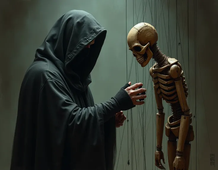 a hooded villain manipulating a wooden puppet through strings 