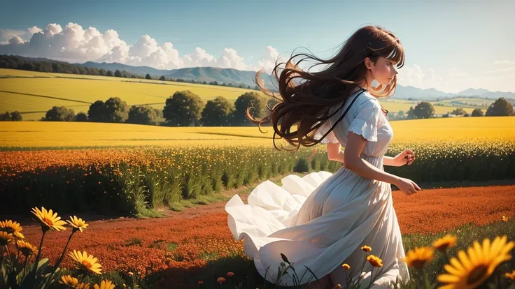 Photo of a beautiful field full of flowers and a woman with brown hair on her back running her hand over the flowers