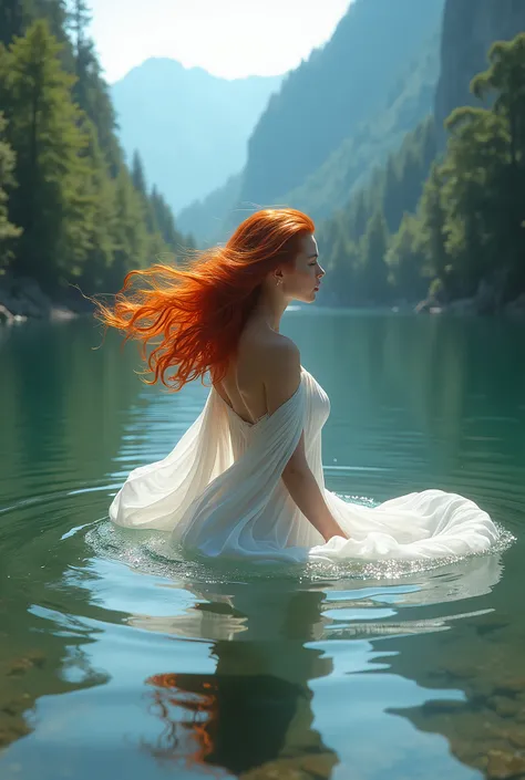 Femme aux cheveux roux vêtu  une robe de couleur blanche nage dans la rivière entre des montagnes très grande et les arbres 