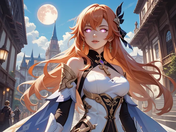 anime characters with glowing eyes and long hair standing in front of a building, anime in fantasy style, ethereal anime, detailed key anime art, anime key art, god of moon, 2 0 2 1 anime, anime fantasy illustration, key anime art, detailed digital anime a...