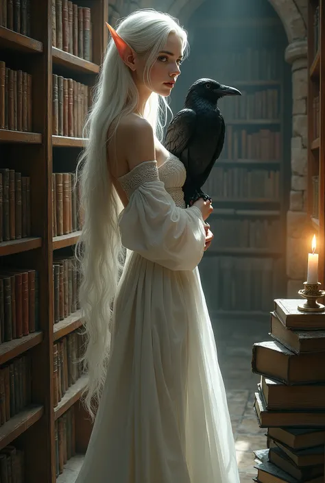  
Elf with pointy ears , dark eyed blonde , white dress with a raven on the side in a library setting in the medieval era 
