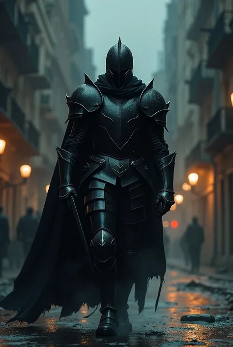 a dark knight walking through a city at night, highly detailed, cinematic lighting, moody atmosphere, strong chiaroscuro, dramatic shadows, (best quality,4k,8k,highres,masterpiece:1.2),ultra-detailed,(realistic,photorealistic,photo-realistic:1.37),HDR,UHD,...