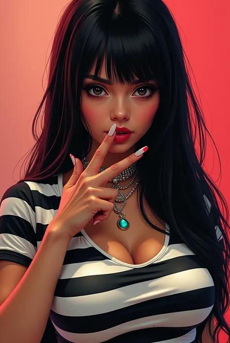 Create a woman with long straight black hair thrown sideways ,  large breasts in a black striped t-shirt, Red and white like soccer ,  making a jewel sign with your thumb. Black eyes and plump face
