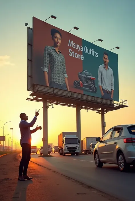 "A large, realistic roadside billboard located on Dar es Salaam highway promoting MSUYA OUTFITSSTORE. The billboard features various images of womens and mens clothing displayed in a stylish and appealing way. Below the billboard, a Tanzanian person is see...