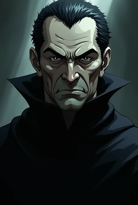  create an image of a character  , Male villain , old, dark and oily hair , short and straight,  dark black eyes ,  serious and irritated expression ,  black clothes and full body anime style 