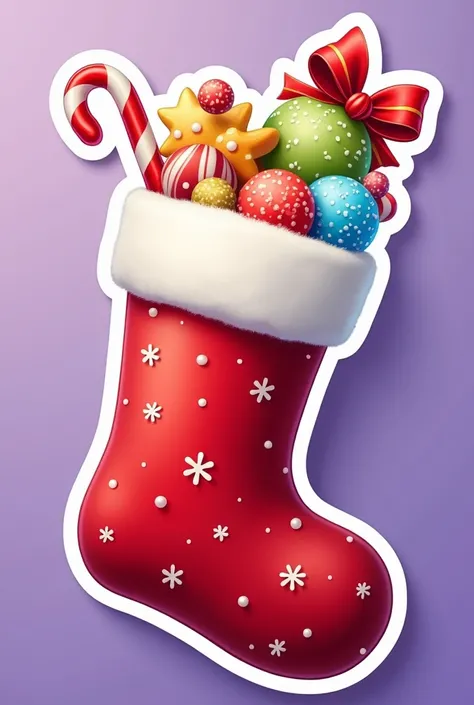 A realistic-style Christmas stocking designed as a sticker with thick white borders. The stocking is filled with colorful treats, small toys, and a festive red bow on top. It is decorated with white snowflakes and a soft, fluffy white trim at the top. The ...